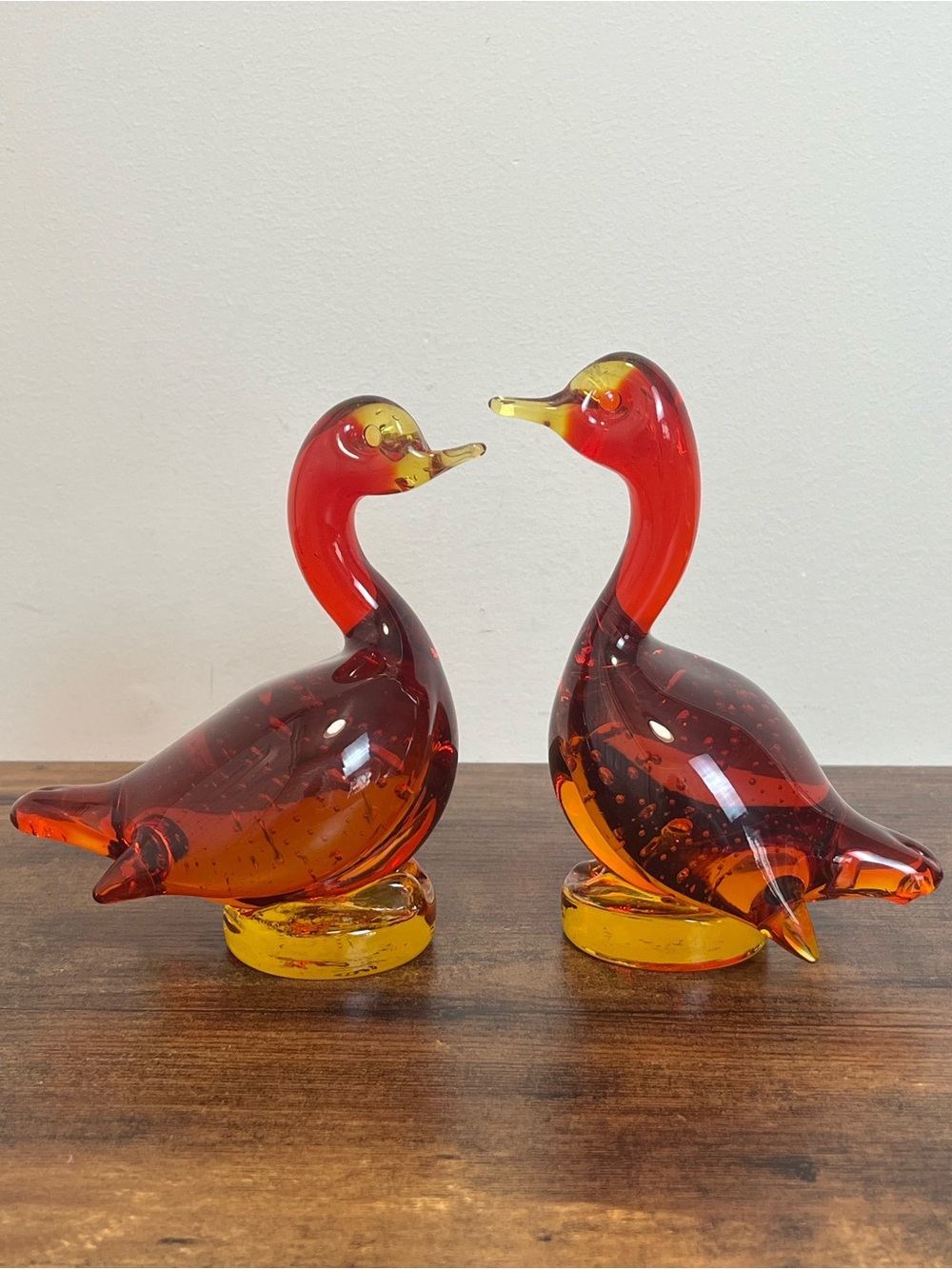 Vintage Murano Style Red and Amber Bullicante Art Glass Duck Figurines - Pair